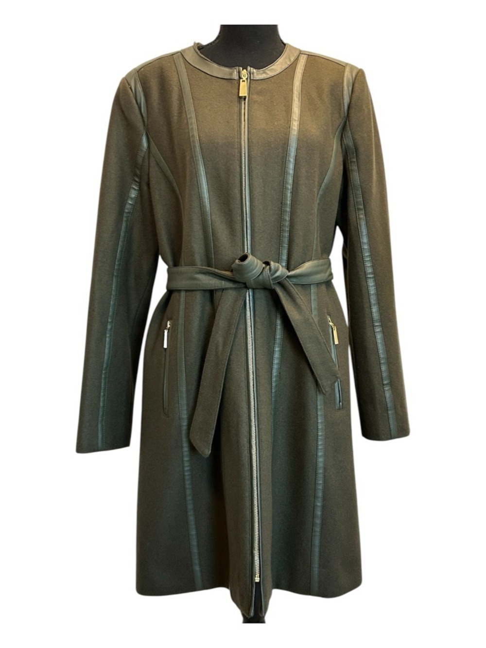 Vince Camuto Olive Army Green Wool coat zipper front faux-leather piping trim L